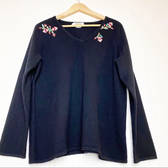 Talbots Black Cashmere Appliquéd V-neck Sweater Women’s Size Large - Picture 1 of 12